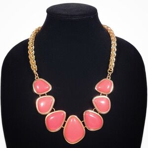 Pink‎ & Gold Tone Bib Statement Necklace 23" Coral Chunky Chain Bezel Set Retro